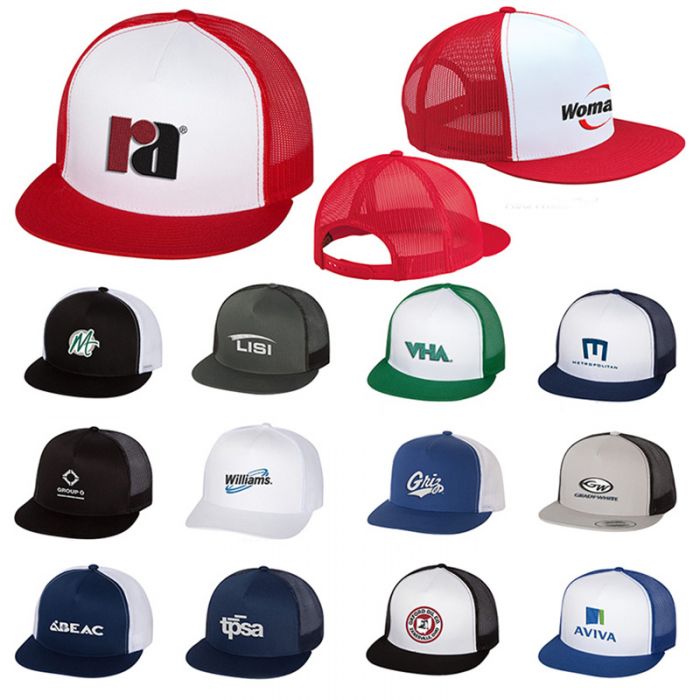 Custom Imprinted Yupoong 5-Panel Flat Bill Trucker Caps