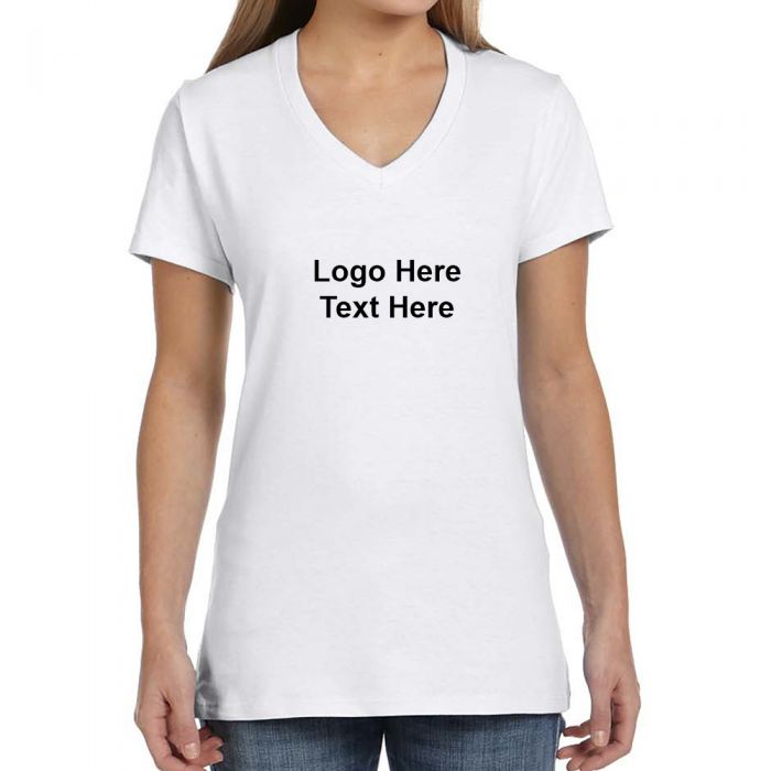 Custom Hanes® Ladies V-Neck Nano-T® Cotton Short Sleeve White T-Shirts