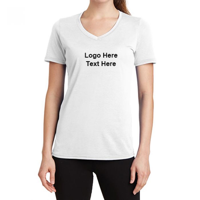 Custom Imprinted Port and Company Ladies V-Neck Performance White T-Shirts