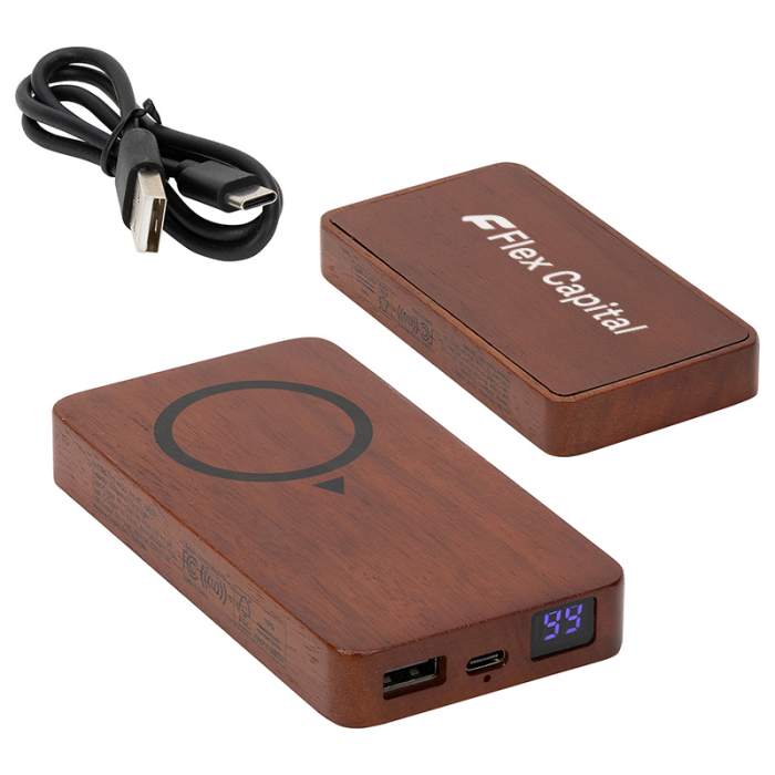 Custom FSC® Mahogany 5000 mAh Power Banks with 15W Magnetic Wireless Chargers 