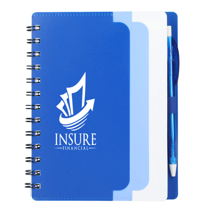 Custom Imprinted 5x7 Inch Recycled Dual Pocket Spiral Notebook with Pens
