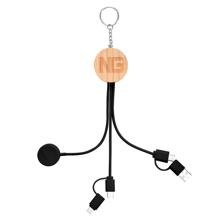 Custom Printed 10W Bamboo Multi-Charging Cables Keyrings with Watch Docks
