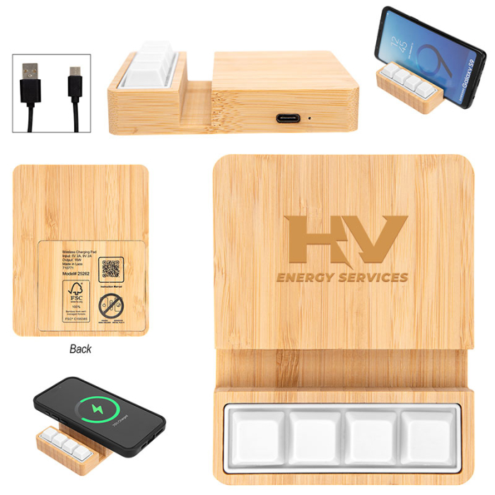 Imprinted Bamboo Stress Relief Wireless Chargers and Phone Stands
