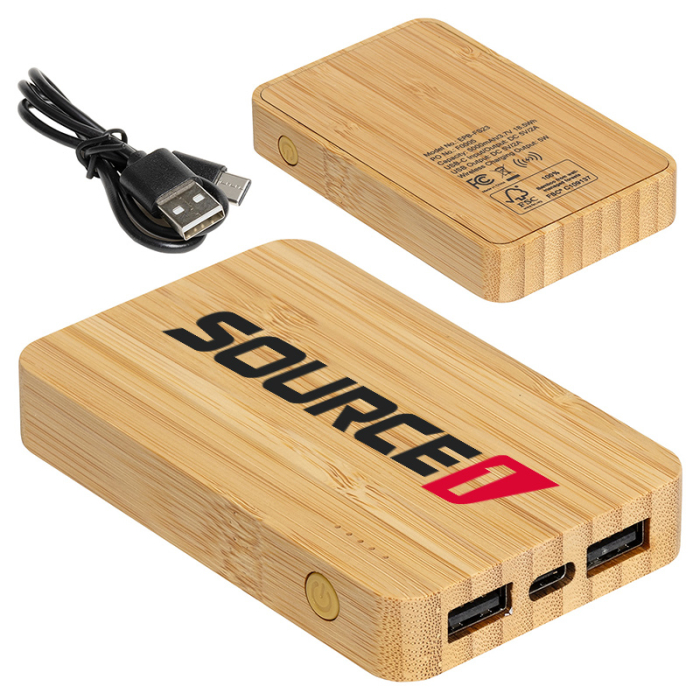 Imprinted FSC® Bamboo 5000 mAh Dual Port Power Banks with Wireless Chargers 