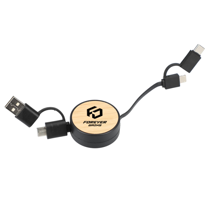 Personalized FSC® 100 Bamboo Retractable 5-in-1 Charging Cables