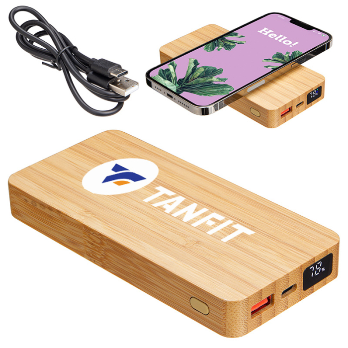 Promotional FSC® Bamboo 10000 mAh Dual Port Power Banks with 10W Wireless Chargers 