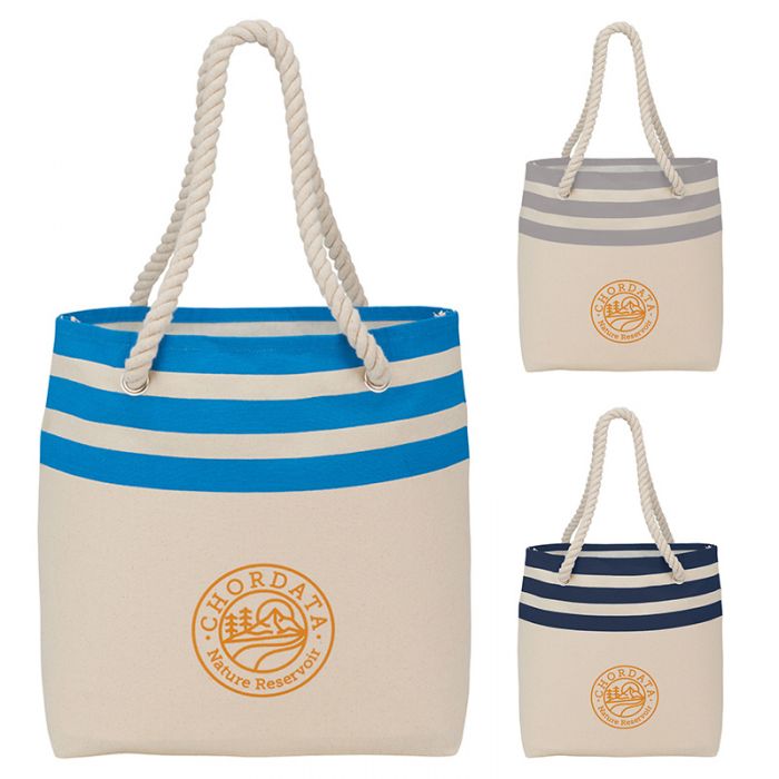 Custom Imprinted Capri Stripe Junior Cotton Canvas Rope Tote Bags
