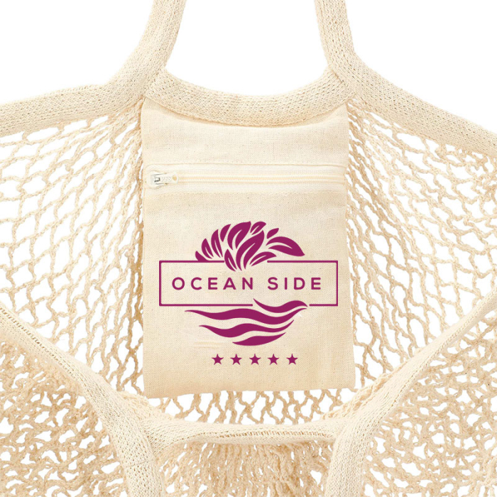 Customized Riviera Cotton Mesh Market Bags with Zippered Pouch