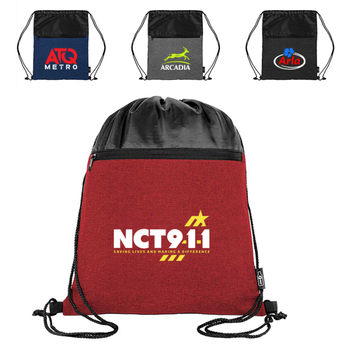 Custom RPET Heather Draw String Bag with Front Zipper Pockets