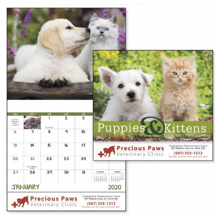 Custom Imprinted 2020 Puppies and Kittens Stapled Wall Calendars