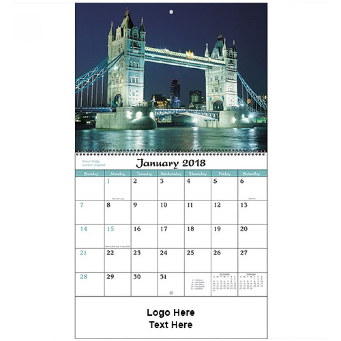 Custom Printed 2018 World Scenic Spiral Wall Calendars