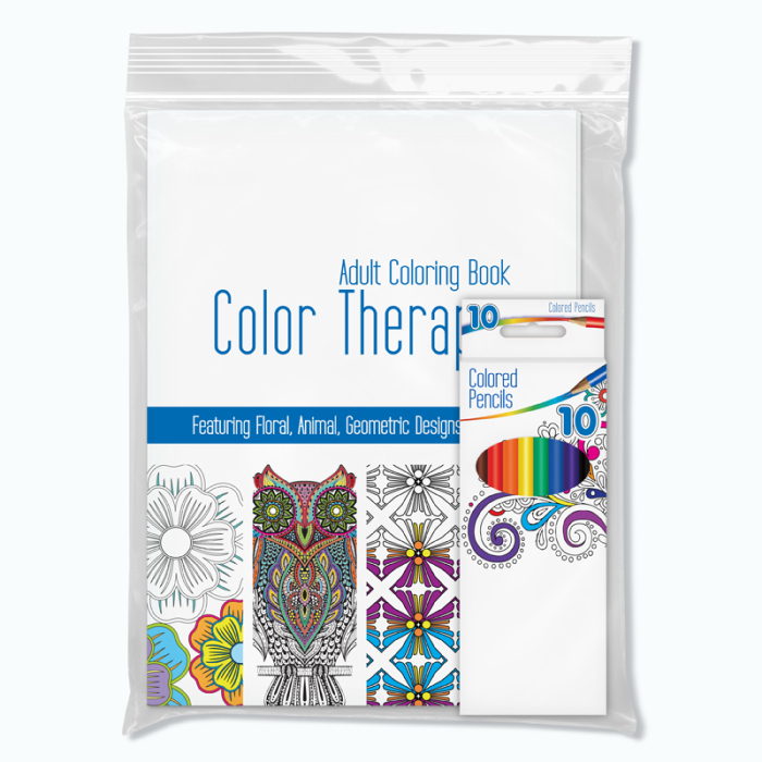 Color Therapy® Imprinted Adult Coloring Packs with Coloring Book and Colored Pencils