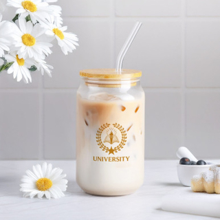16 Oz Glass Cans with Bamboo Lids and Straws