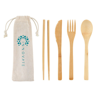 Bamboo Cutlery Sets in Cotton Drawstring Pouches