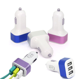 3-port USB Car Charger 1 Amp Fast Charging Cables