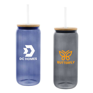 20 Oz Ribbed Borosilicate Glass Cans with Bamboo Lid