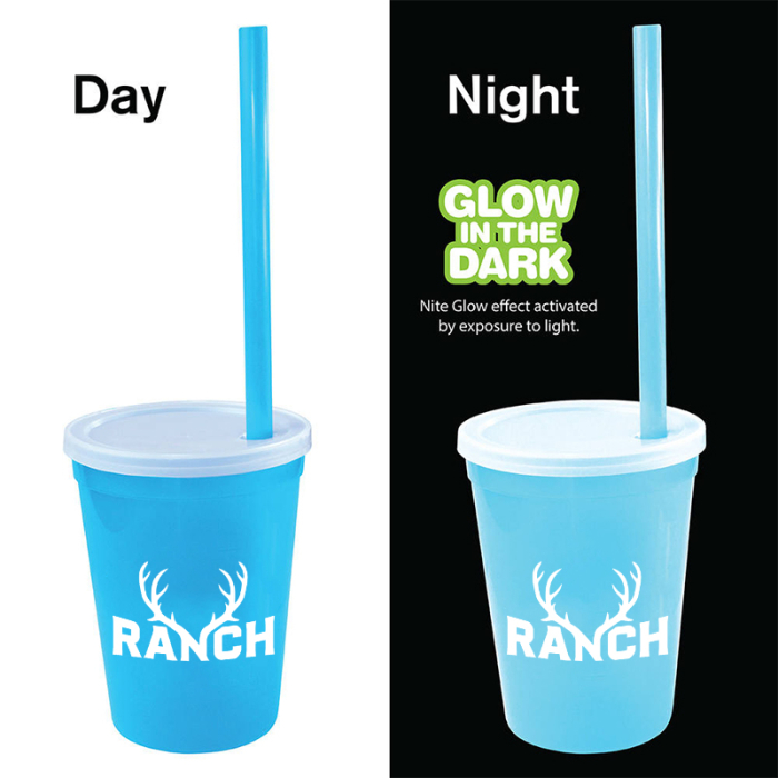 12 Oz Custom Printed Nite Glow Stadium Cup/Straw/Lid Sets