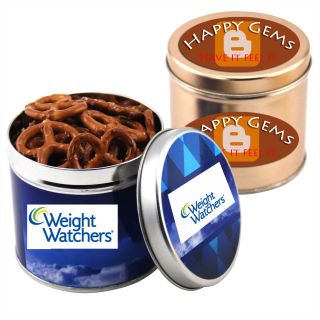 Logo Round Tin Filled with Mini Pretzels