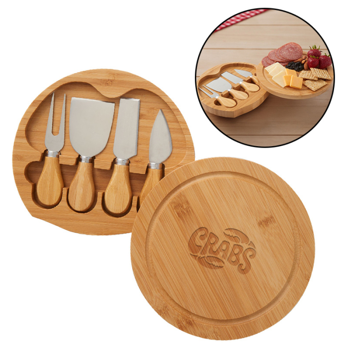 Customized Five-Piece Swivel Top Bamboo Cheese Board Sets