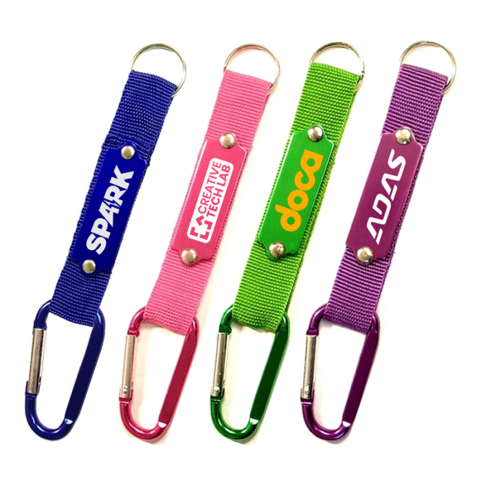 Custom Printed Carabiners with Strap and Metal Plate