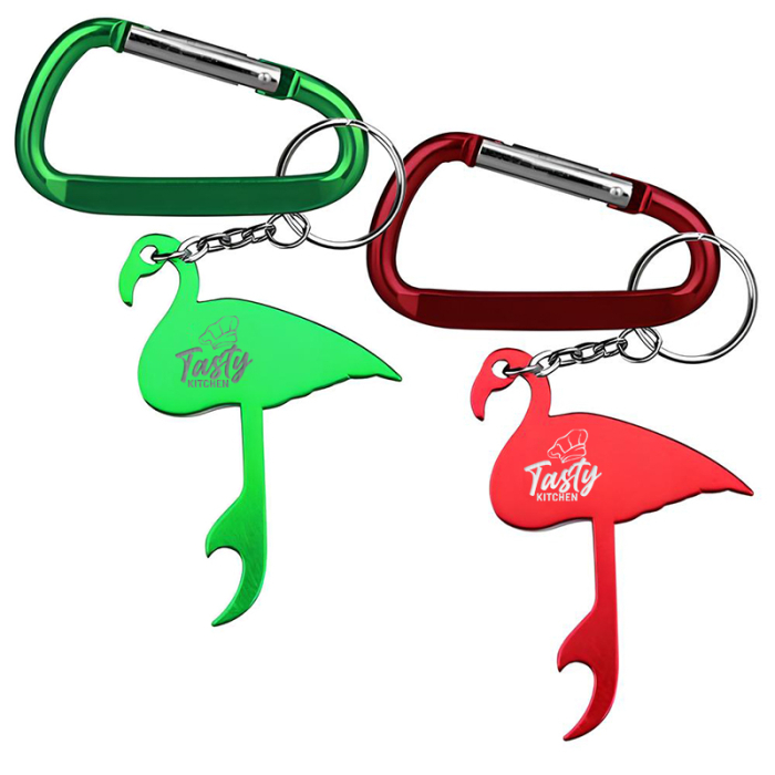 Custom Printed Flamingo Shaped Aluminum Bottle Openers with Carabiner