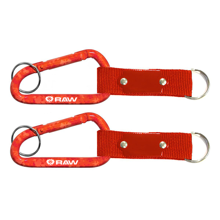 Customized Red Carabiners with Strap and Metal Plate with Split Ring