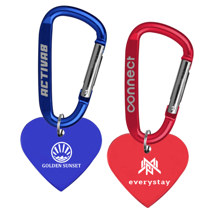 Imprinted Aluminum Heart shaped Key Holders and Dog Tags with Carabiner