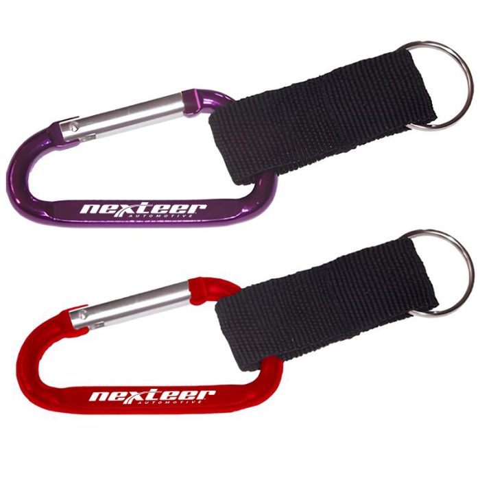 Imprinted Carabiners with Split Key Ring and Nylon Strap