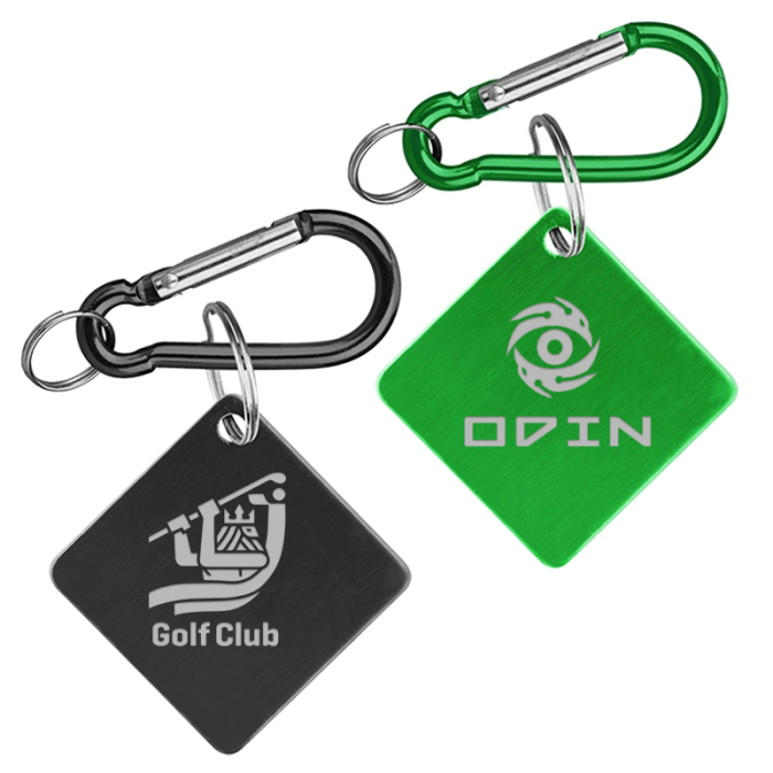 Imprinted Diamond Shaped Aluminum Dog Tags and Key Holders with Carabiner