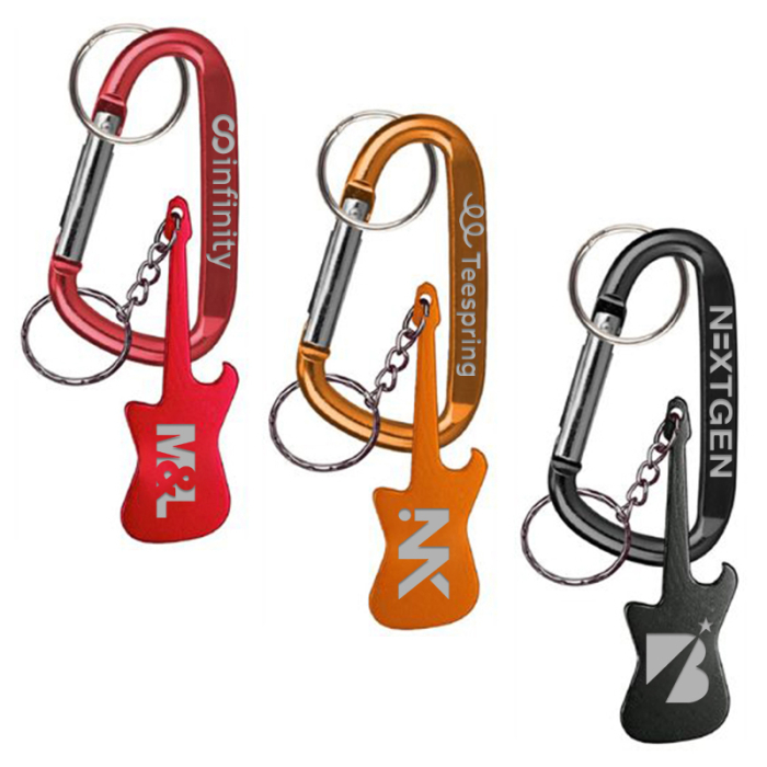 Imprinted Guitar Shaped Bottle Opener Key Holders and Carabiner