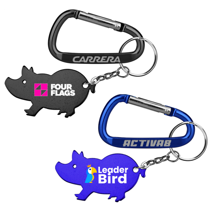 Imprinted Jumbo Size Pig Shape Aluminum Bottle Openers with Carabiner