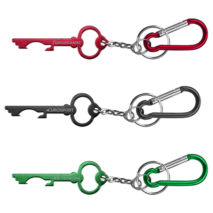 Imprinted Key Shaped Aluminum Bottle Openers with Keychain and Carabiner