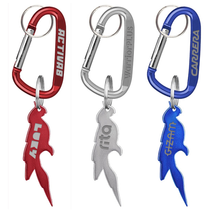 Imprinted Parrot Shaped Bottle Opener Key Holders and Carabiner
