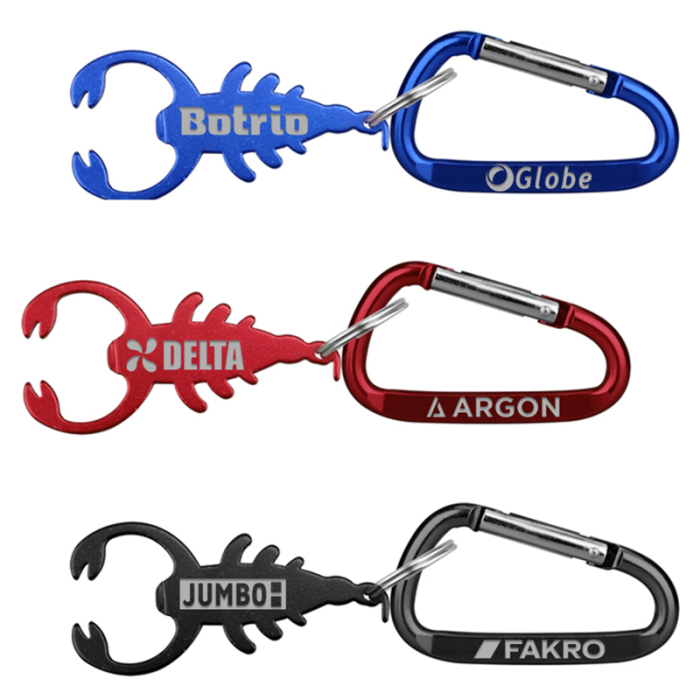 Imprinted Scorpion Shape Bottle Openers with Key Ring and Carabiner