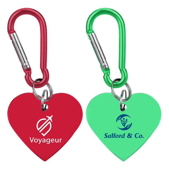 Personalized Heart Shaped Aluminum Key Holders and Dog Tags with Carabiner