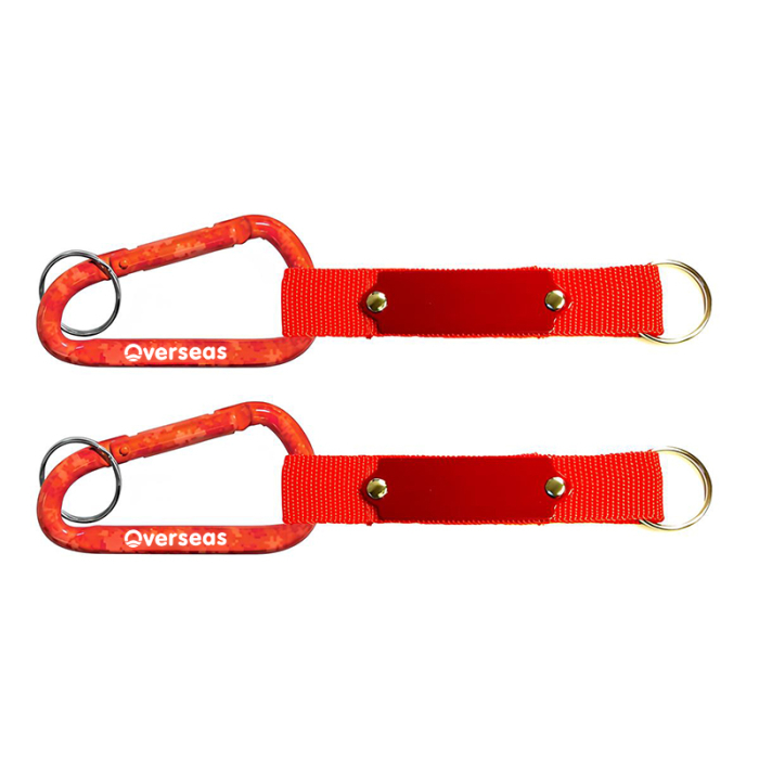 Personalized Red Carabiners with Strap and Metal Plate and Split Ring
