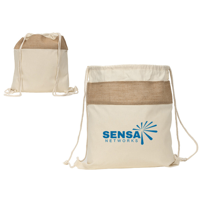 Promotional Savanna Jute and Recycled Cotton Drawstring Backpacks