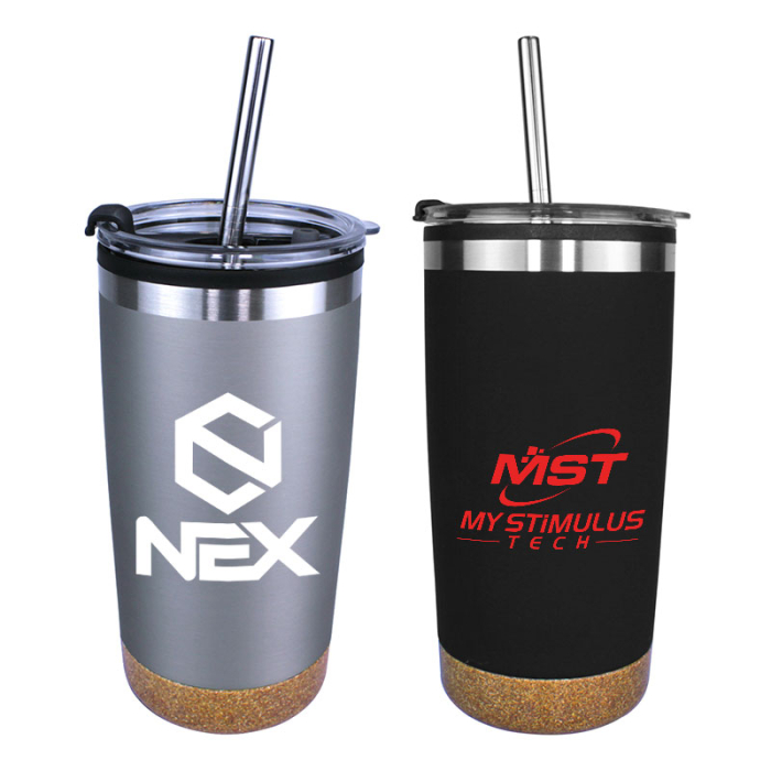 Halcyon® Custom Imprinted 20 Oz Cork Bottom Tumblers with Stainless Straws/Flip Top Lids