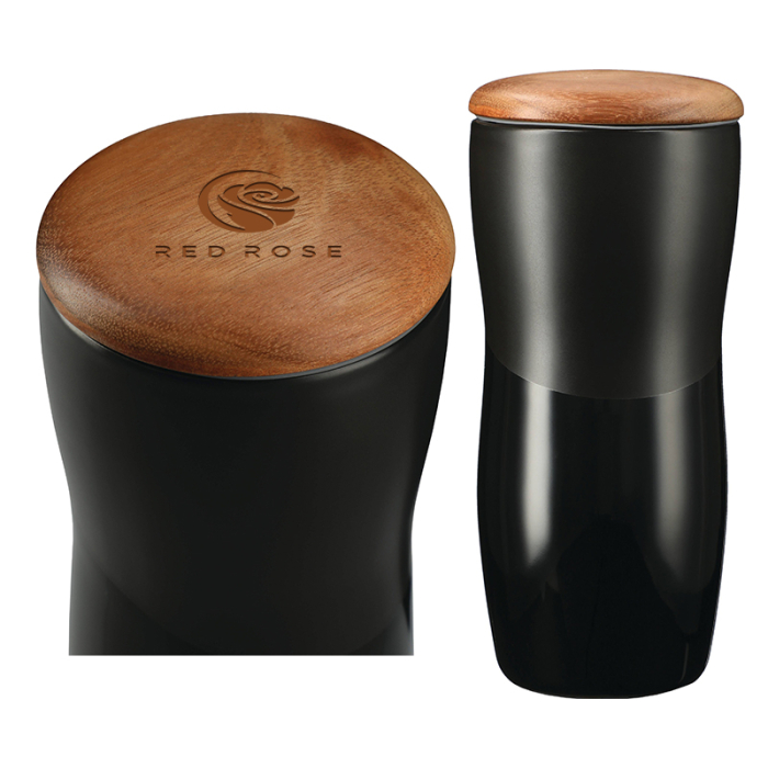 Promotional10 Oz Reno Double Wall Ceramic Tumblers with Wood Lid