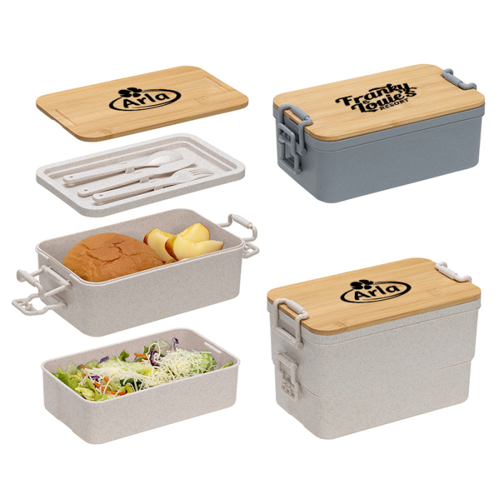 Customized Chuckwagon Stackable Lunch Boxes with Bamboo Lids and Utensils