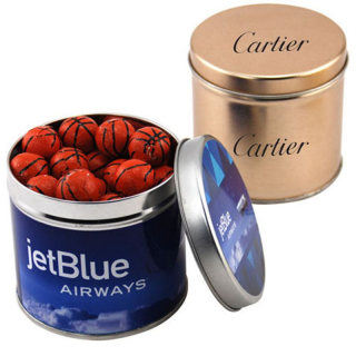 Round Tins with Chocolate Basketballs