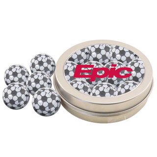 Round Tins with Chocolate Soccer Balls