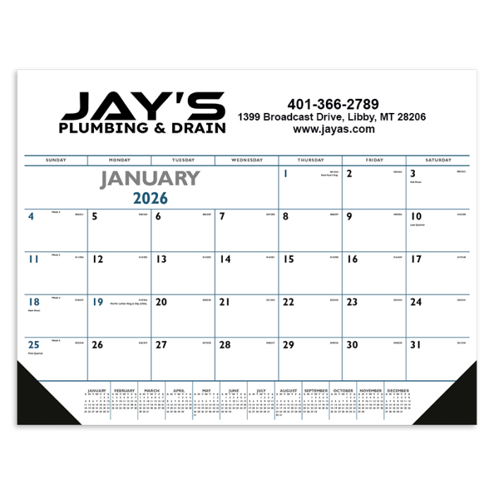 Custom Blue and Black Desk Pads With Vinyl Corners