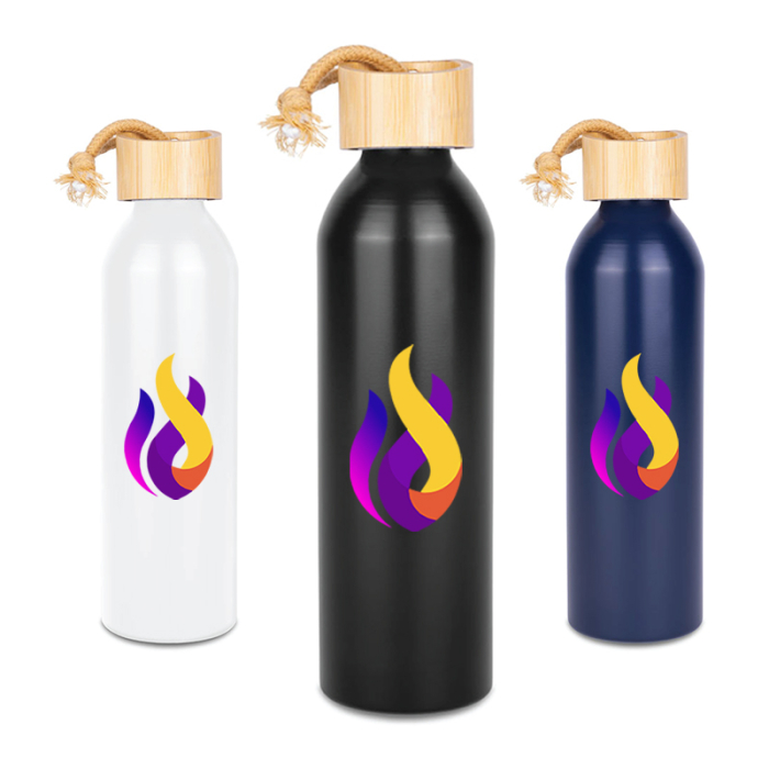 Custom Meriden Sustainable Aluminum Bottles with Bamboo Lid and Cotton String Loop