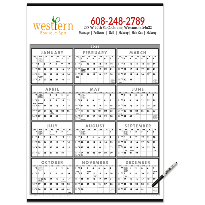 Custom Printed Black and White Span-A-Year Laminated Wall Calendars with Markers