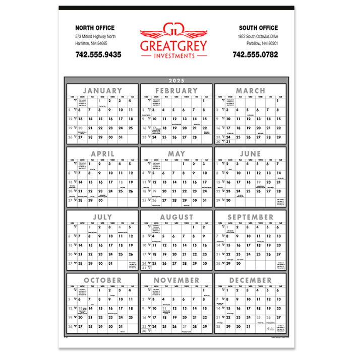 Imprinted Black and White Span-A-Year Non-Laminated Wall Calendars