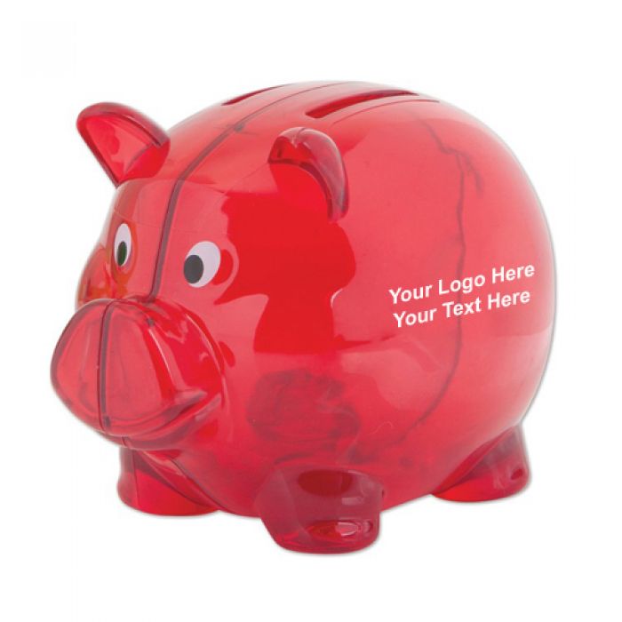 Logo Imprinted 2 Slot Piggy Banks - Translucent Red
