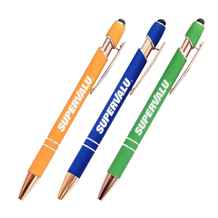 Custom Printed Rose Gold Soft-Touch Aluminum Pens with Stylus