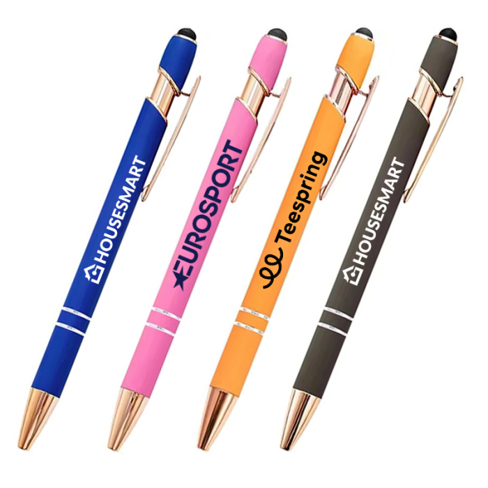 Promotional Rose Gold Soft-Touch Aluminum Pens with Stylus