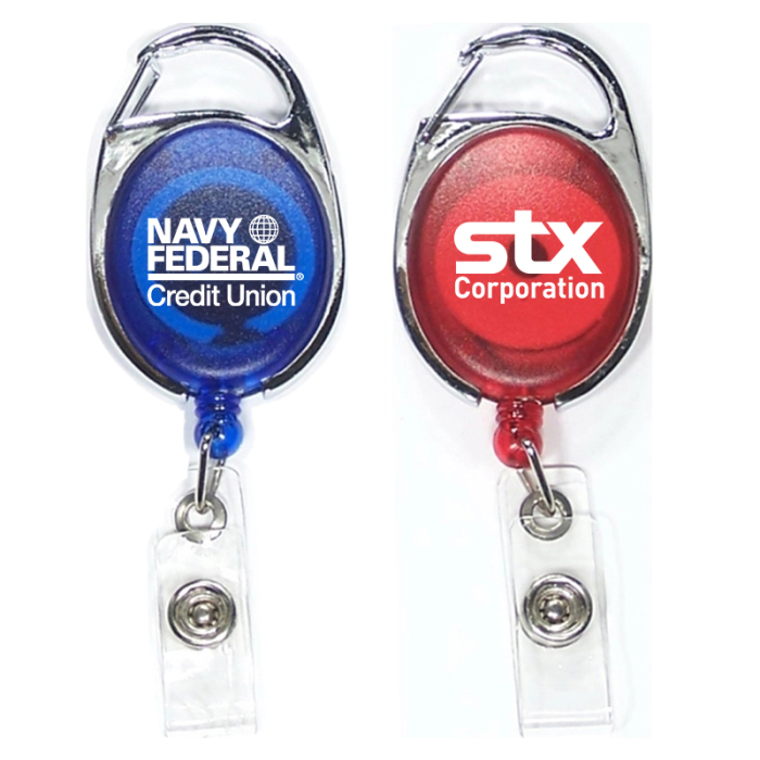 Imprinted Oval Shape Retractable Badge Holders with Carabiner Clip